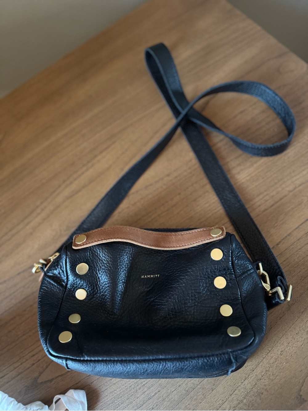 Hammitt Black Leather Crossbody with Brown Trim and Gold Studs